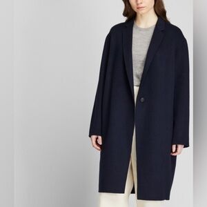 Uniqlo Dark navy Blue wool blend minimalist normcore long trench jacket coat